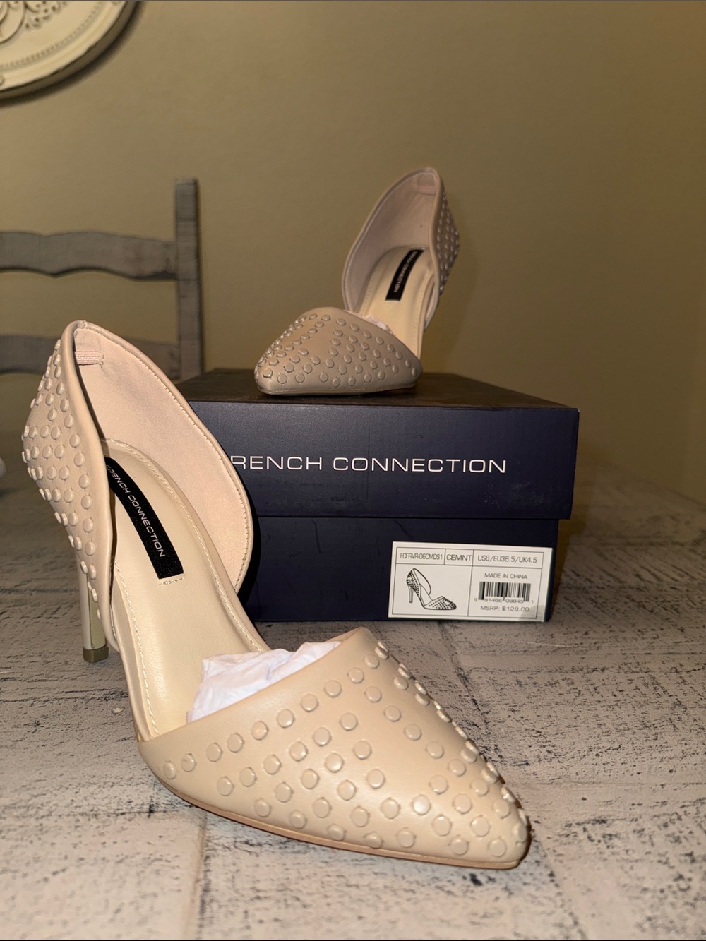 French Connection Beige Studded Pointed-Toe Pumps